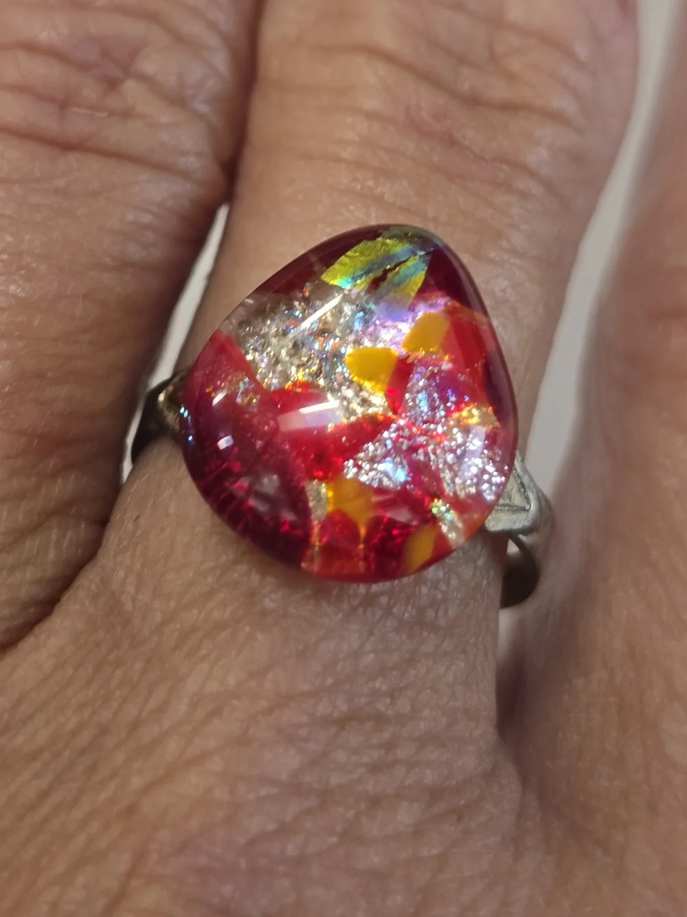 Vibrant Red Mosaic Dichroic Glass Statement Ring